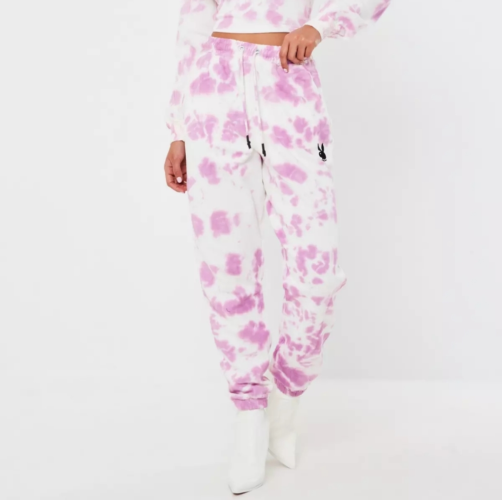 Missguided X Playboy purple tiedye joggers